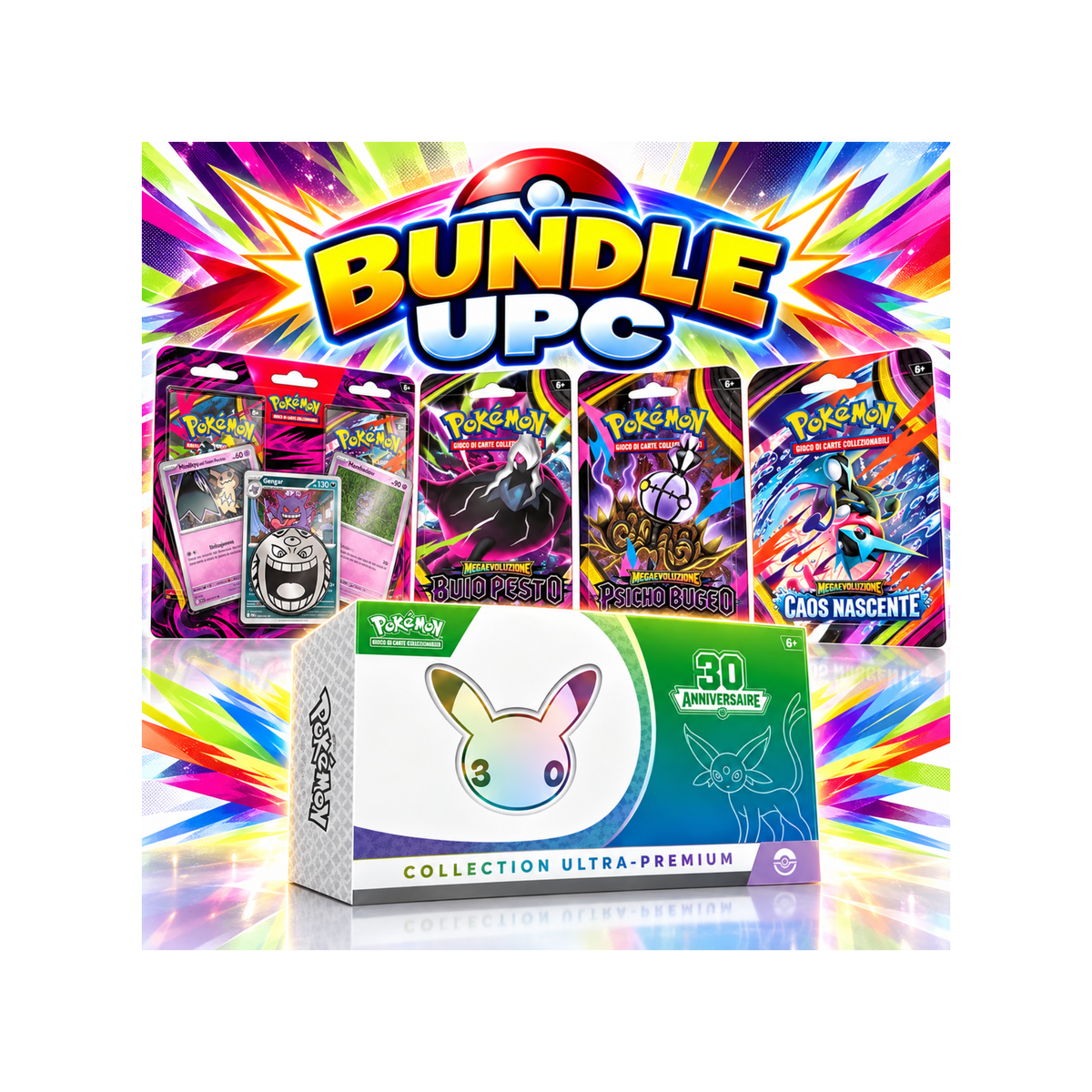 Bundle UPC - UPC Espeon 30° anniversario + paper booster caos + 2 paper booster buio + Blister gengar