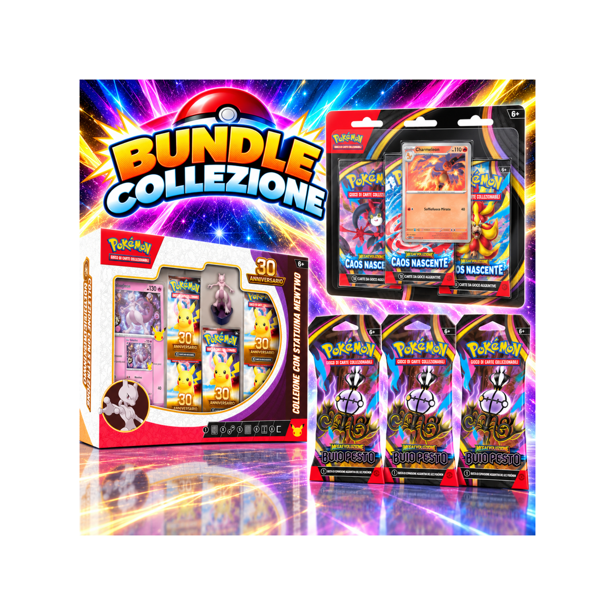 Bundle - Collezione Mewtwo 30° anniversario + Blister caos nascente + 3 paper booster buio