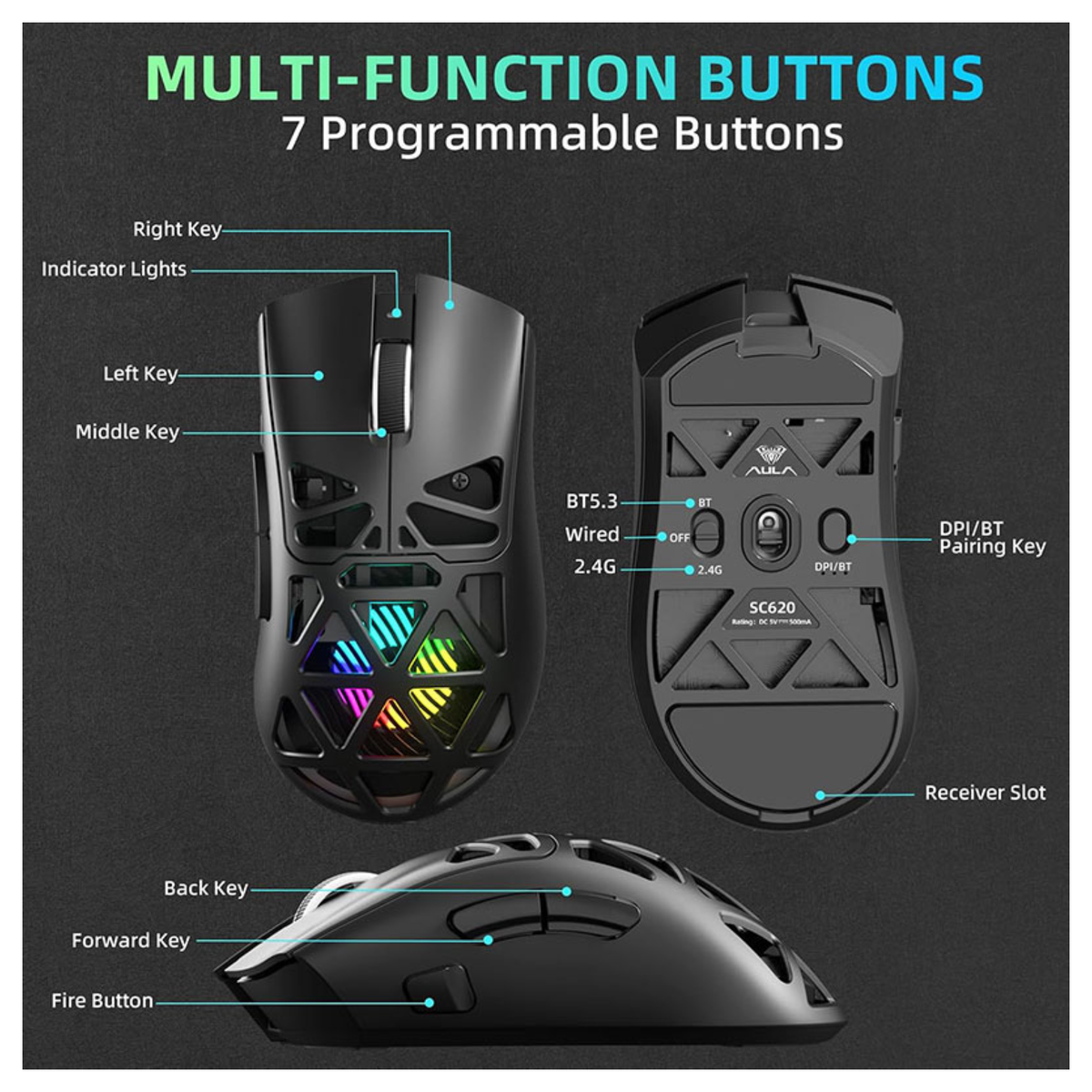 AULA - Mouse Gaming Wireless SC620 Black